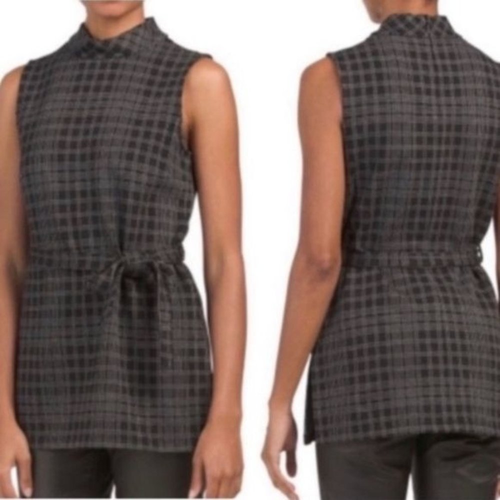 Theory Mock Neck Black Structured Knit Pattern Belted Sleeveless Tunic Size M